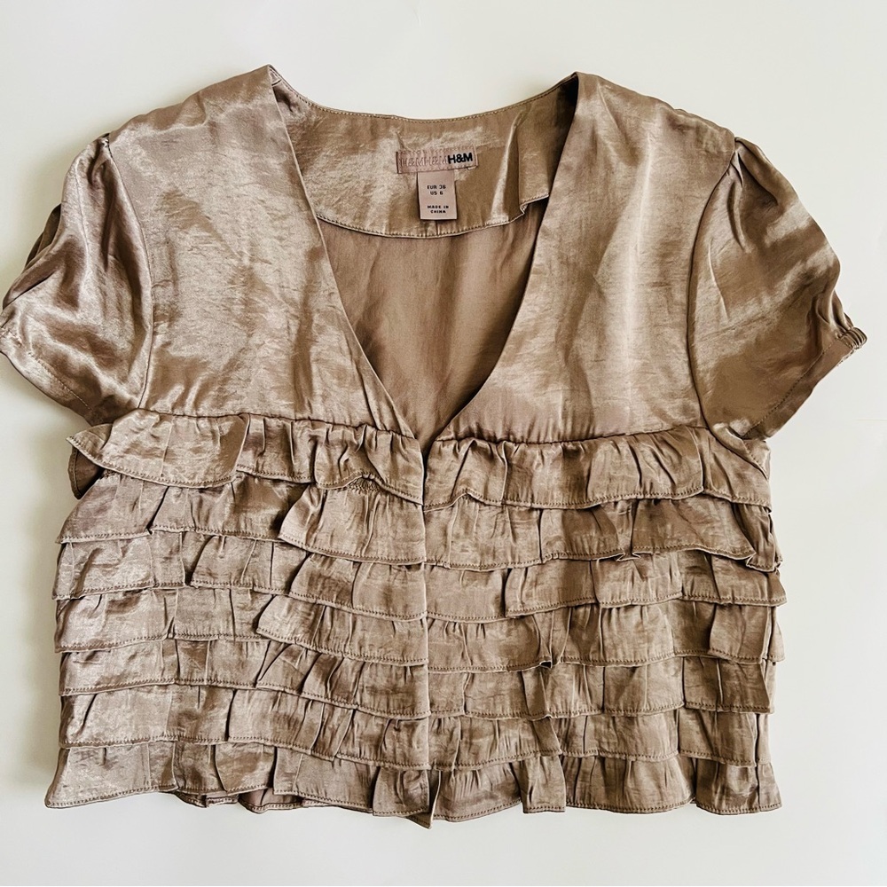 H&M Size 6 Bronze Satin Ruffle Bolero Jacket Short Sleeve Cropped Shrug